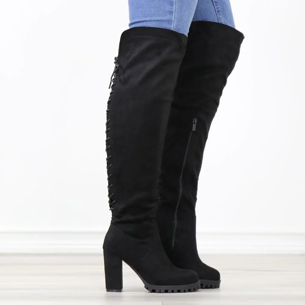 Full Lace-Up Back Black Faux Suede Thigh High Over The Knee Lug Block Heel Boots